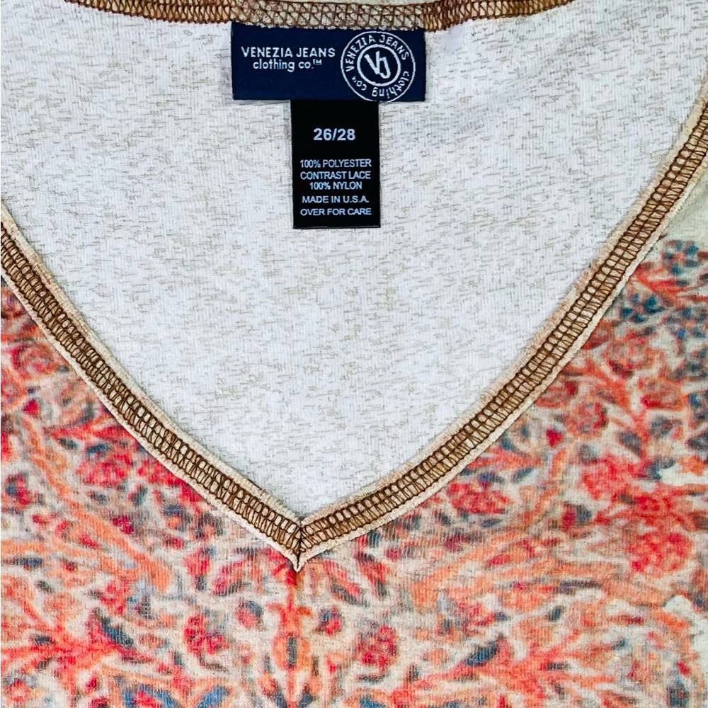 Vintage Y2K Venezia Jeans 26/28 Lace Sleeve Mesh Burnout Abstract Floral Top GUC - Picture 3 of 6